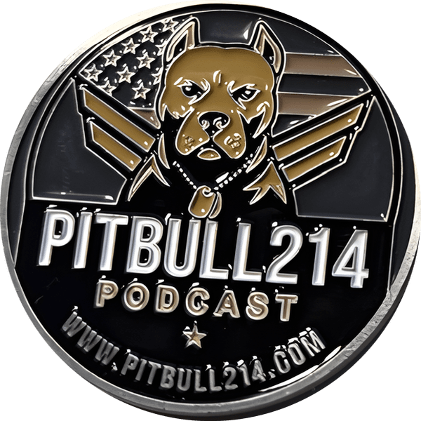 Pitbull 214 challenge coin, podcast side: a pit bull wearing dog tags in front of an American flag, with PITBULL214 PODCAST and WWW.PITBULL214.COM
